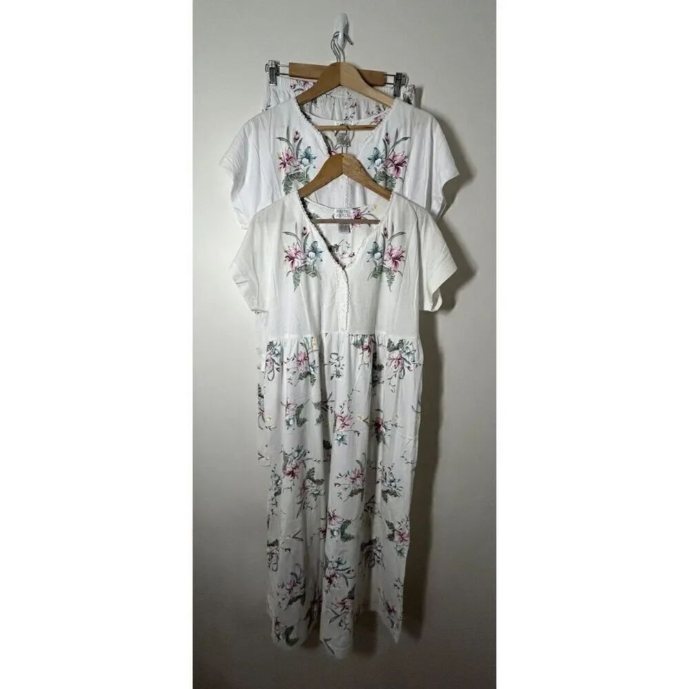 Earth Angels 3 Piece Set Floral Nightgown, Top, Pants Vintage Size Medium 12/14